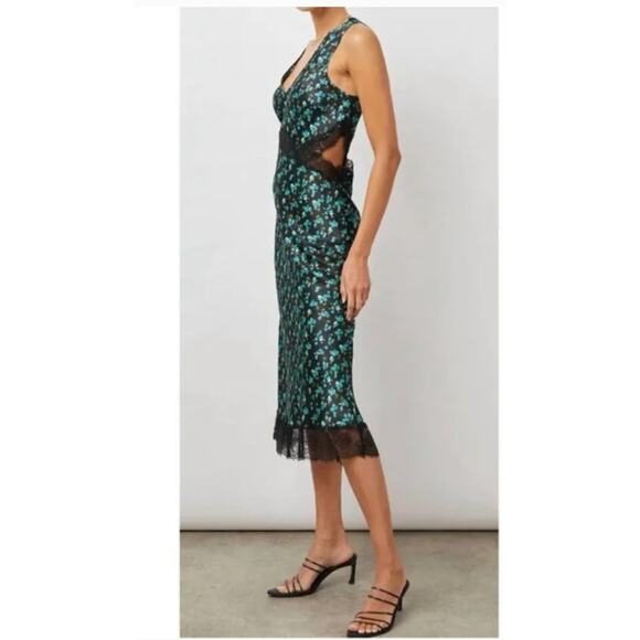 Rails Pandora Mint Floral Satin Crepe Midi Cut Out Lace Trim Dress Small - Picture 3 of 15